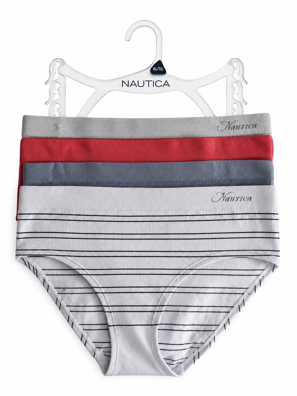 Nautica Women's 4 Pack Bikini Briefs in Red, Gray, and WhiteStripe, Blue/Gray